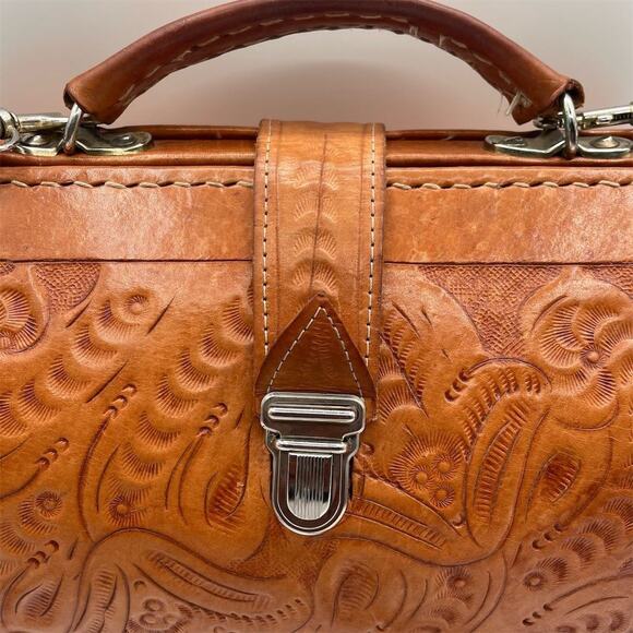 Vintage Tooled Leather Top Handle Handbag Tan Women's Purse Made In Vegas - Picture 2 of 15